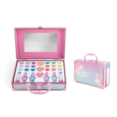 Image of MARTINELIA Unicorn Children&#039;s Makeup Palette Kit Case for Girls: Lipstick, Eyeshadow, Nail Polish, Multi coloured Blush with Mirror Metal