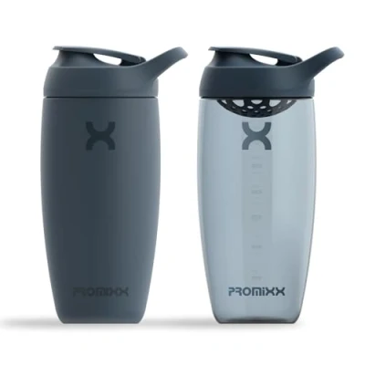 Image of Promixx PURSUIT Protein Shaker Bottle 2 Pack Premium Sports Blender Bottles for Mixes and Supplement Shakes 1 Stainless Steel 550ml, Ecozen 700ml Midnight Blue