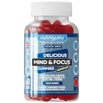 Image of Mind &amp; Focus Ashwagandha Gummy Raspberry Flavour 60 Vegan Gummies Ashwagandha, Vitamins D, B5, B6 B12 L Theanine Cognitive Health, Nervous System and Mental Performance by NUTRIGUMS®
