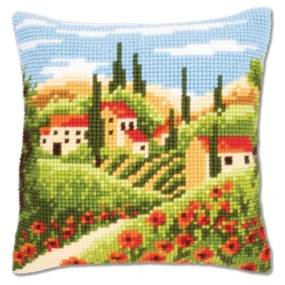 Image of Vervaco Village Cross Stitch Cushion, Multi Colour