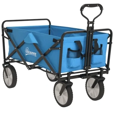 Image of Outsunny 90L Folding Garden Trolley Cart Pull Along Wagon with Telescopic Handle for Beach Camping Festival Blue