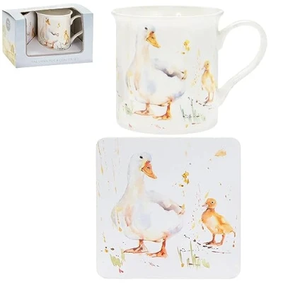 Image of White Duck &amp; Yellow Duckling Fine China Mug Coaster Boxed Set
