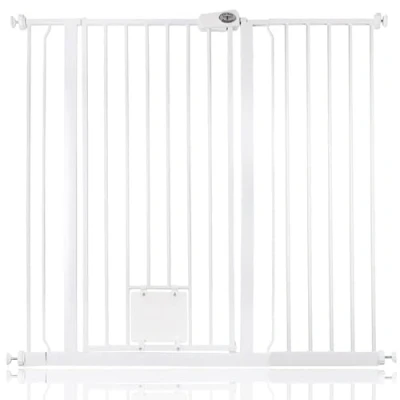Image of Bettacare Pet Gate with Lockable Cat Flap, 113.8cm 121.4cm, White, 104cm in Height, Extra Tall Dog Safety Barrier Easy Installation