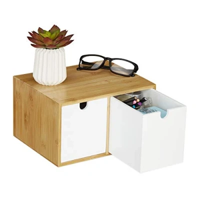 Image of Relaxdays Desk Organiser, 2 Drawers, Office Storage Box, HxWxD: 14.5 x 24.5 20 cm, Bamboo &amp; MDF, White