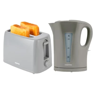 Image of Geepas Electric Kettle &amp; 2 Slice Bread Toaster Kitchen Combo Set 2200W 1.7L Cordless Jug Boil Dry Protection Auto Shut Off 650W 6 Level with Browning Control Crumb Tray Grey