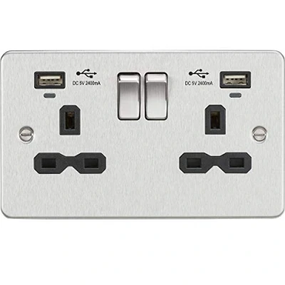 Image of KnightsBridge 13A 2G Switched Socket, dual USB charger (2.4A) with Indicators Brushed Chrome black insert