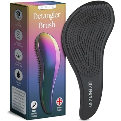 Image of Detangler Brush for Thick Hair, Curly, Straight &amp; Natural Hair Gentle Detangling Women, Kids Toddlers w/Flexible Bristles Lily England Hairbrush Wet Dry Petrol