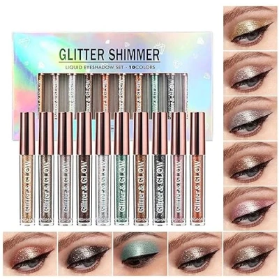 Image of 10 Color Metallic Glitter Liquid Eyeshadow Set, Waterproof Smoky Long lasting Quick drying Eye Makeup Kits (A)