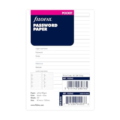 Image of Filofax Pocket Password Paper Refill, White, 81 x 120 mm