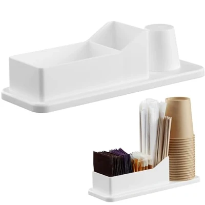 Image of Navaris Small Coffee Station Organiser Tea and Condiment Supplies Holder with Stacking Cup Storage For Kitchen or Office Break Room White