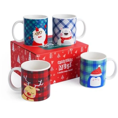 Image of THE TWIDDLERS 4 Assorted Christmas Mugs for Adults &amp; Kids, Cups with Santa, Penguin, Polar Bear, Reindeer Design Hot Chocolate Mug, Secret Xmas Mug Set of 340ml