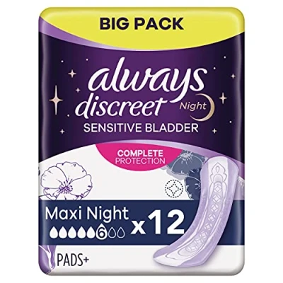 Image of Always Discreet Plus Maxi Night Incontinence Pads for Bladder Weakness, Pack of 12