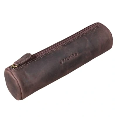 Image of STILORD &#039;Miller&#039; Pencil Roll Case Leather Vintage Pen Pouch Round Organiser for Women Men Stationary Slim in Genuine Leather, Colour:Dark Brown