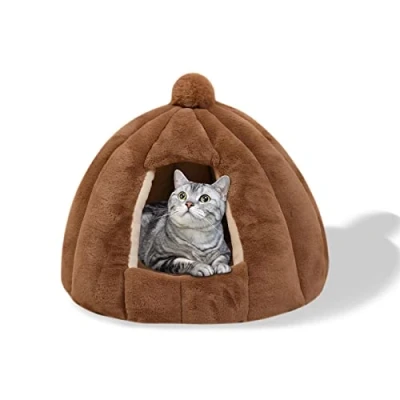 Image of Galatée Cat Cave Bed, Washable Cushion Bed With Nonskid Bottom, Pet Removable Inner Cushion, Soft And Cosy Plush Igloo(S, Brown)