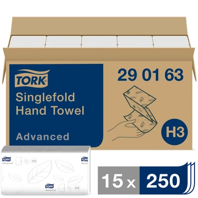 Image of Tork Singlefold Paper Hand Towels 290163 H3 Advanced Folded for Dispenser Absorbent, Tear Resistant, 2 Ply, White 15 x 250 Sheets