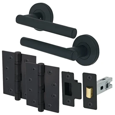 Image of EAI Round Internal Door Handle Set Matt Black Latch (66mm), Handle, &amp; Hinges (102mm) Universal Office, Bedroom, Kitchen, Lounge Closet Lever on Rose Interior Handles