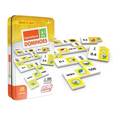Image of Junior Learning Equivalence Dominoes Numeracy Match and Learn Game 28 Pieces in a Durable Collectors Tin 1 4 Players, Ages 6 9+, Year 2