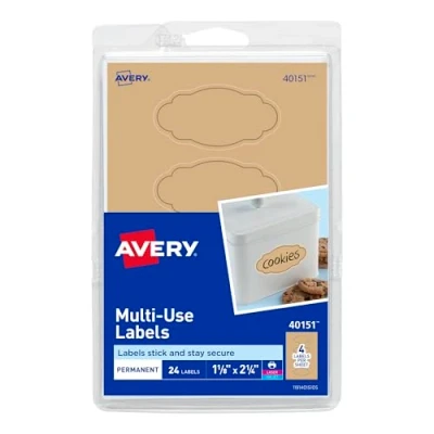 Image of Avery Multi Use Labels, Kraft Brown Oval Scroll 1 1/8 x 2 1/4, Pack of 24 (40151)
