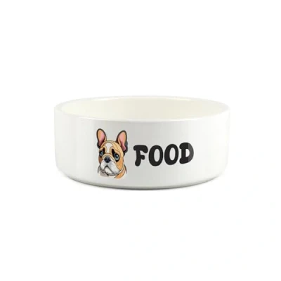 Image of French Bulldog Pet Bowl Cartoon Frenchie Dog Portrait Small Ceramic Food Novelty White Dish For Dogs