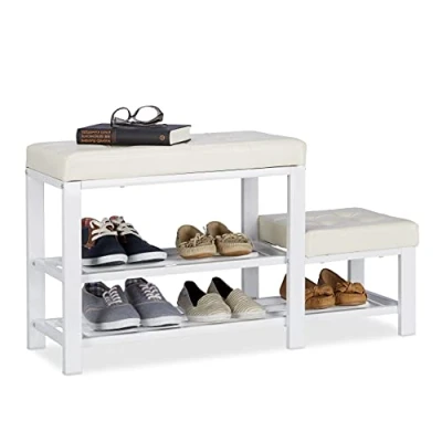 Image of Relaxdays Shoe Bench with Footstool, Comfortable Seat Padding, 2 Tiers, Rack for Kids, HWD: 50 x 90 20 cm, White