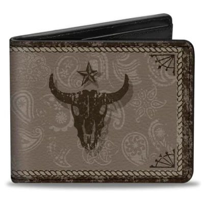 Image of Buckle Down Wallet, Bifold, Western Cowboy Icons Collage Tan Browns, Vegan Leather,