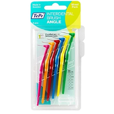 Image of TePe Interdental Brush Angle, Mixed Pack, 0.4 0.8mm/ISO 0 5, 6pcs, Interspace Cleaning, Plaque Remover for Teeth with Narrow to Small Gaps