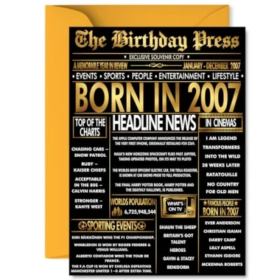 Image of Gold 18th Birthday Card for Men Women Black &amp; Golden Newspaper Born in 2007 Happy 18 Cards Son Colleague Daughter Uncle Sister Grandson, A5 Bday Greeting