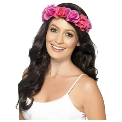 Image of Smiffys Floral Headband, Pink , Hawaiian Luau Fancy Dress, Dress Up Accessories