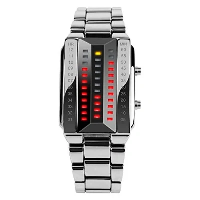Image of FeiWen Mens and Womens Binary Watches Silver Stainless Steel LED Digital Light Rectangle Dial Unique Fashion Style Wristwatches Date (Men)