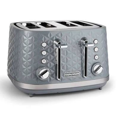 Image of Morphy Richards Vector 4 Slice Toaster, High Gloss Geometric Design, Defrost and Reheat, Variable Width Slots, Removable Crumb Tray, Grey, 248135
