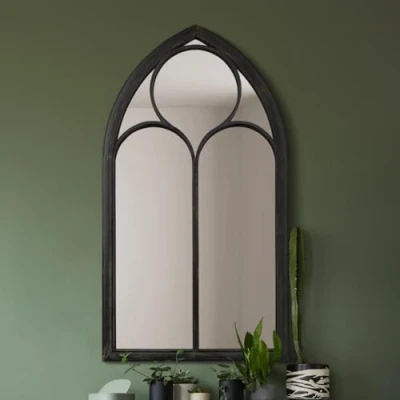 Image of The Somerley Extra Large Rustic Metal Chapel Arched Decorative Wall or Leaner Mirror Black Colour 60&quot; X 32&quot; (150CM 81CM)