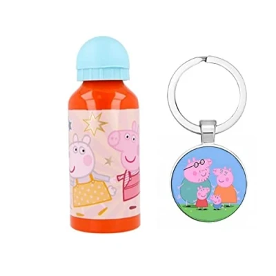 Image of OM SUPPLIES Peppa George Characters Aluminium Sports Bottle 400ml Holiday, Back to School Water Drinking Kids Lunch Children Includes Keychain (Peppa)
