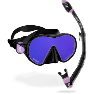 Image of CRESSI Limited Edition HiroQuest Adult Mask &amp; Snorkel Set made x Steve Aoki_F Dual Mask+Snorkel Supernova Dry, Black/Lilac Lens 380 Blue/Orange, One Size, Unisex