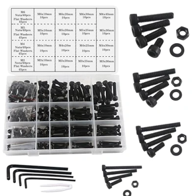 Image of huruirui Nuts and Bolts Washers Assorted Set,M3 M4 M5 M6 Black Hex Socket Head Cap Screws Kit 500pcs, Thread Machine Bolt Set Fastener Repair Tools Assortment with 4 Wrench