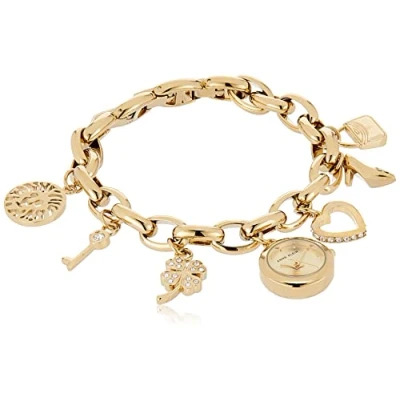 Image of Anne Klein Women&#039;s Premium Crystal Accented Gold Tone Charm Bracelet Watch, 10/7604CHRM