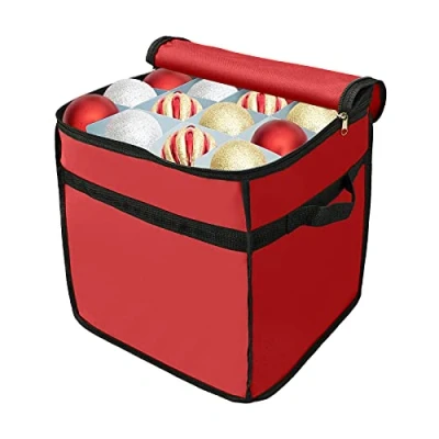 Image of MCDSAJ Christmas Ornament Storage Box with Zippered Closure,Holds 64 Balls,Tear Proof 600D Oxford Fabric Adjustable partition12x12x12 inch