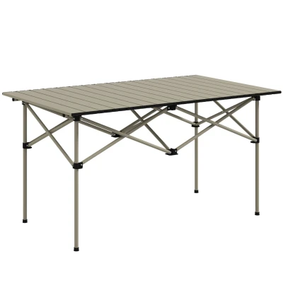 Image of Outsunny Portable Camping Table, 3ft Lightweight Folding Aluminium Picnic Table with Roll Up Top, Carry Bag for Outdoor Camping, Picnic, Hiking, Cooking, BBQ, Fishing, Khaki