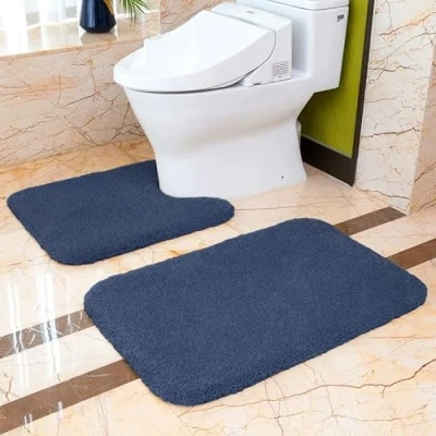 Image of VANZAVANZU Non Slip Bath Mat Set 2 Piece Thickened Bathroom Absorbent Ultra Soft and Pedestal Toilet Fluffy Microfiber Rug 50 x 80cm &amp; 60cm U Shape (Navy Blue)