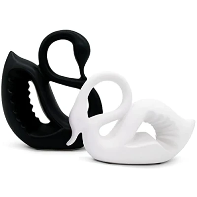 Image of Large pair of ceramic swans in black and white modern sculpture as couple 2 decorative swan figure symbolizing luck &amp; harmony decoration figurines a gift