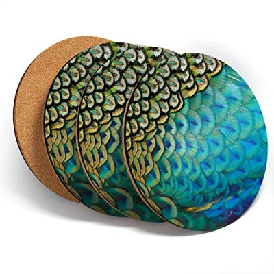 Image of Destination Vinyl ltd Great Coasters (Set of 4) Round Beautiful Feathers Peafowl Peacock Drink Glossy Coasters/Tabletop Protection for Any Table Type #44250