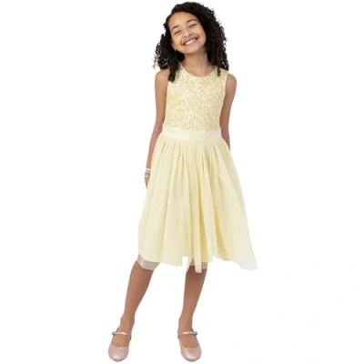 Image of Maya Deluxe Girl&#039;s Midi Dress Sequins Embellished Party Tutu Bridesmaids Wedding with Belt Bow, Lemon, 9 Years