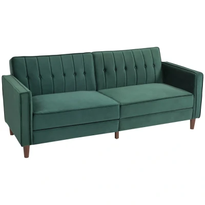 Image of HOMCOM Modern 3 Seater Velvet Sofa Bed, Click Clack Button Tufted Sleeper Couch with Split Reclining Backrest and Rubber Wood Legs, Green