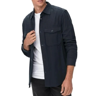 Image of ONLY &amp; SONS Men&#039;s Onsmilo Ls Solid Overshirt Noos Flannel Shirt, Dark Navy, S