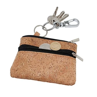 Image of Boshiho Coin Purse Zipper Vegan Cork Pouch Petty Change Holder with Key Ring (Tan)(Size: 4.3 x 3.3 0.2 inch)