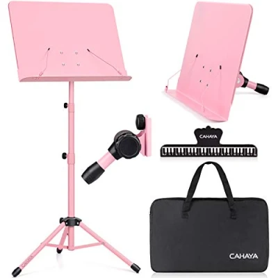 Image of CAHAYA Sheet Music Stand Metal Portable with Carrying Bag, Clip, Projector Stand, Podium Laptop Pink, Height up to 145 cm, Model CY0194 1
