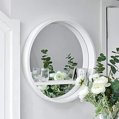 Image of HomeZone Retro White Wooden Shelf Large Frame with Adjustable Round Porthole Wall Mirror Floating Modern Painted Use for Indoor Bedroom, Bathroom, Office or Living Room Decor