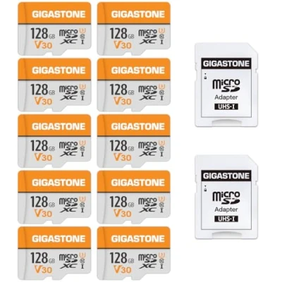 Image of Gigastone 128GB 10 Pack Micro SD Card, 4K Video Pro, GoPro, Surveillance, Security Camera, Action Drone, 95MB/s MicoSDXC Memory Card UHS I V30 Class 10, with 2 Adapters