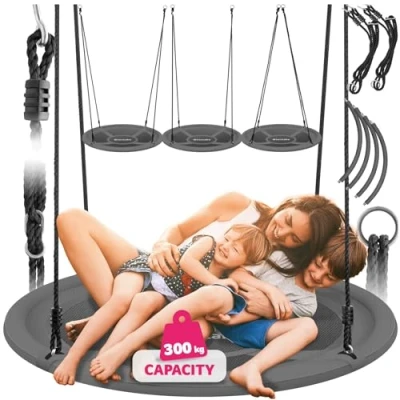 Image of tectake® Large Nest Swing with Water Repellent Textilene Cover, Height Adjustable Ropes, 300kg Capacity, Padded Edge &amp; Easy Maintenance Round Garden for Indoor Outdoor Use 100x100x180cm