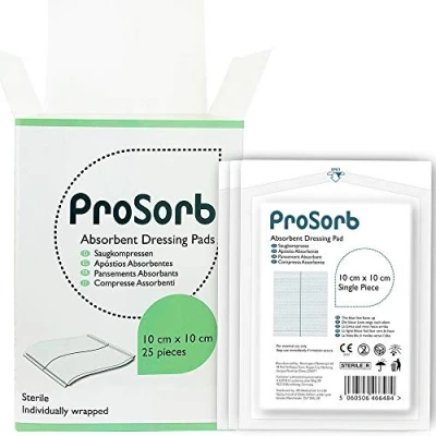 Image of Prosorb Sterile Absorbent Low Adherent Wound Dressing Pads, 10cm x Pack of 25 Designed for Highly exuding Wounds Including venous ulcers, arterial ulcers and Diabetic ulcers.