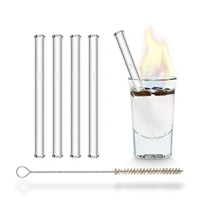 Image of Halm Glass Drinking Straws Reusable Sipping Tube 4 Pieces Short Straight 10 cm + Plastic Free Cleaning Brush Dishwasher Safe Tubes for Shot Glasses